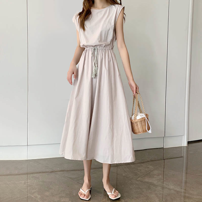 Buddha Stones Casual Eastic Waist Drawstring Design Short Sleeve Cotton Linen Midi Dress - Seldom Seen Styles