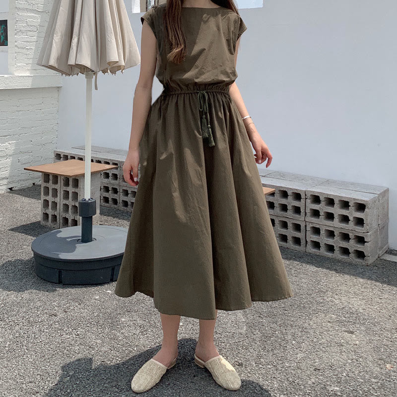 Buddha Stones Casual Eastic Waist Drawstring Design Short Sleeve Cotton Linen Midi Dress - Seldom Seen Styles