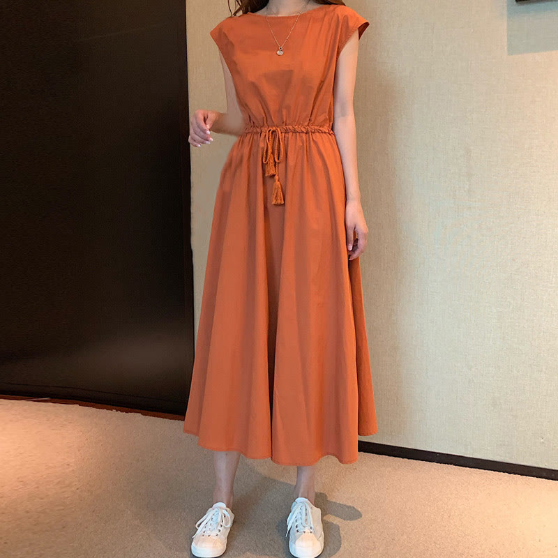 Buddha Stones Casual Eastic Waist Drawstring Design Short Sleeve Cotton Linen Midi Dress - Seldom Seen Styles