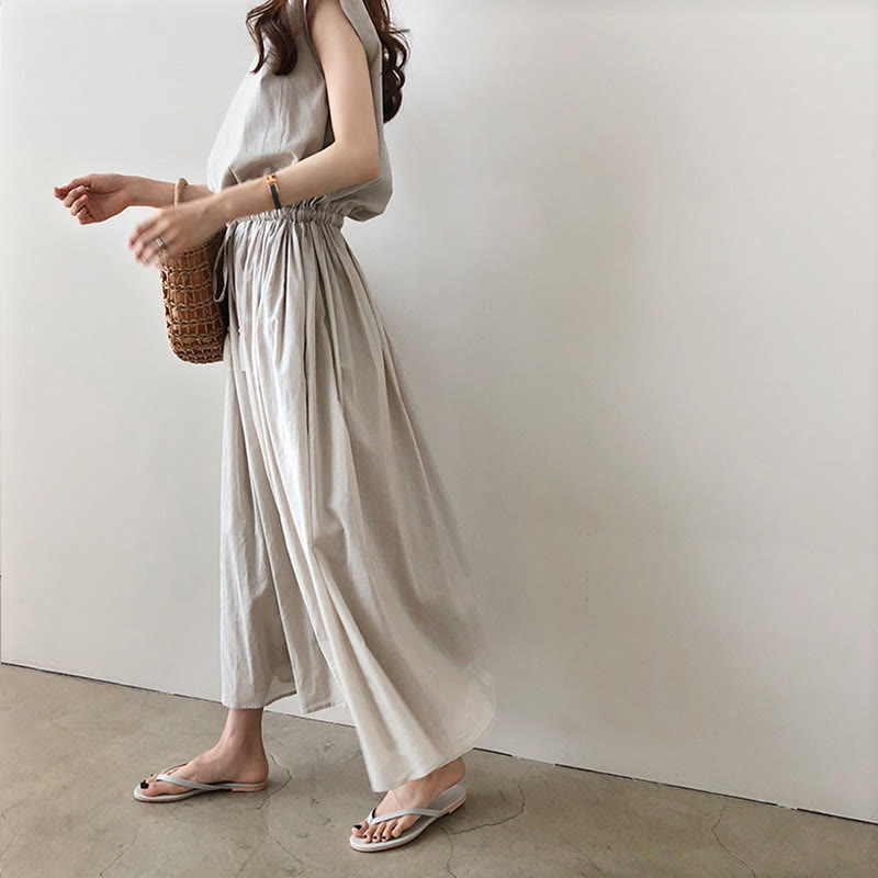 Buddha Stones Casual Eastic Waist Drawstring Design Short Sleeve Cotton Linen Midi Dress - Seldom Seen Styles