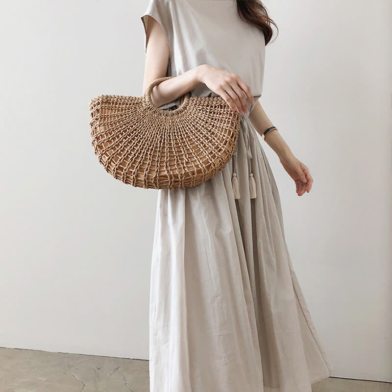 Buddha Stones Casual Eastic Waist Drawstring Design Short Sleeve Cotton Linen Midi Dress - Seldom Seen Styles