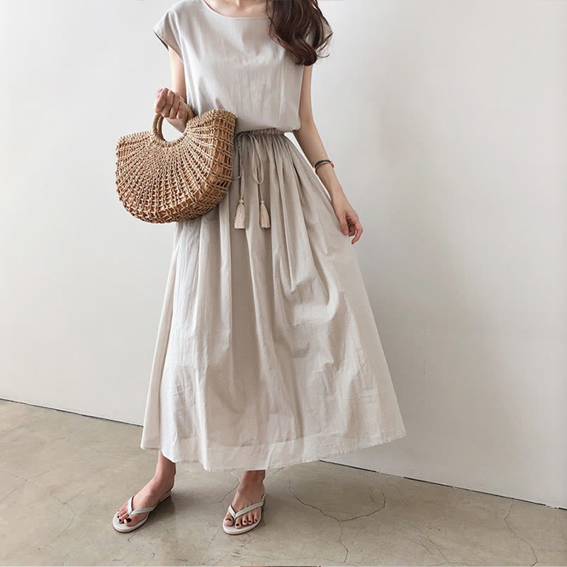 Buddha Stones Casual Eastic Waist Drawstring Design Short Sleeve Cotton Linen Midi Dress - Seldom Seen Styles