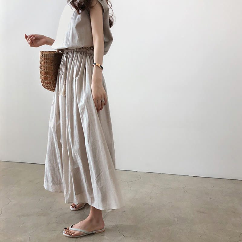 Buddha Stones Casual Eastic Waist Drawstring Design Short Sleeve Cotton Linen Midi Dress - Seldom Seen Styles
