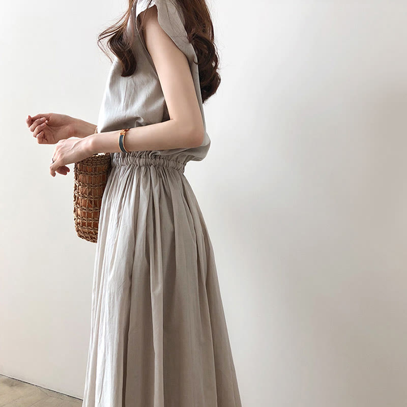 Buddha Stones Casual Eastic Waist Drawstring Design Short Sleeve Cotton Linen Midi Dress - Seldom Seen Styles