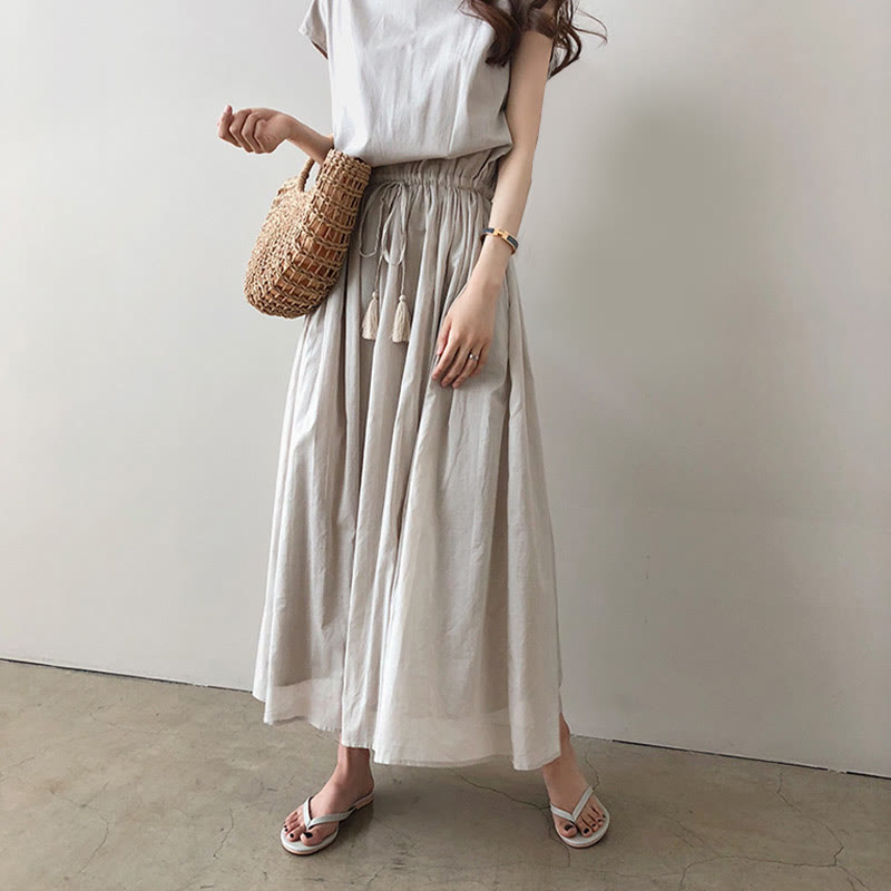 Buddha Stones Casual Eastic Waist Drawstring Design Short Sleeve Cotton Linen Midi Dress - Seldom Seen Styles