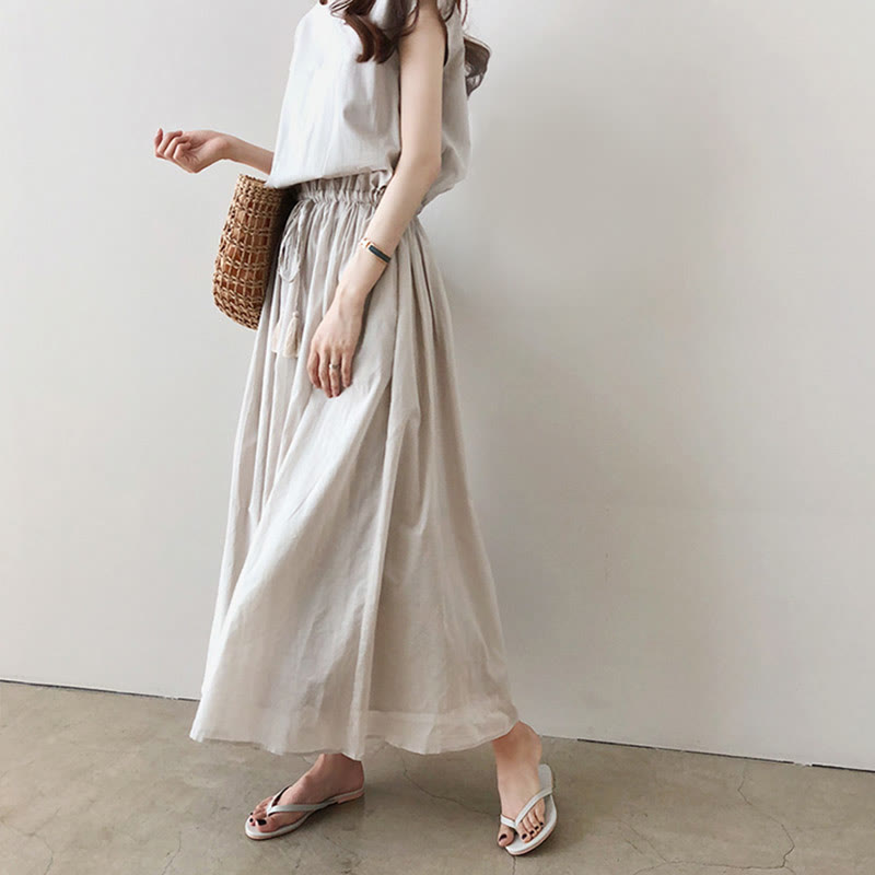Buddha Stones Casual Eastic Waist Drawstring Design Short Sleeve Cotton Linen Midi Dress - Seldom Seen Styles