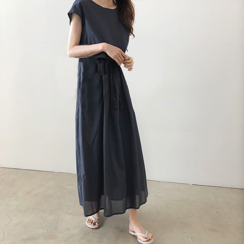 Buddha Stones Casual Eastic Waist Drawstring Design Short Sleeve Cotton Linen Midi Dress - Seldom Seen Styles