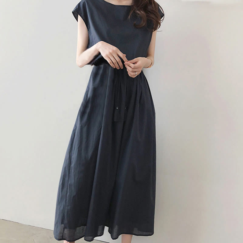 Buddha Stones Casual Eastic Waist Drawstring Design Short Sleeve Cotton Linen Midi Dress - Seldom Seen Styles