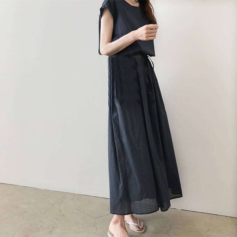 Buddha Stones Casual Eastic Waist Drawstring Design Short Sleeve Cotton Linen Midi Dress - Seldom Seen Styles