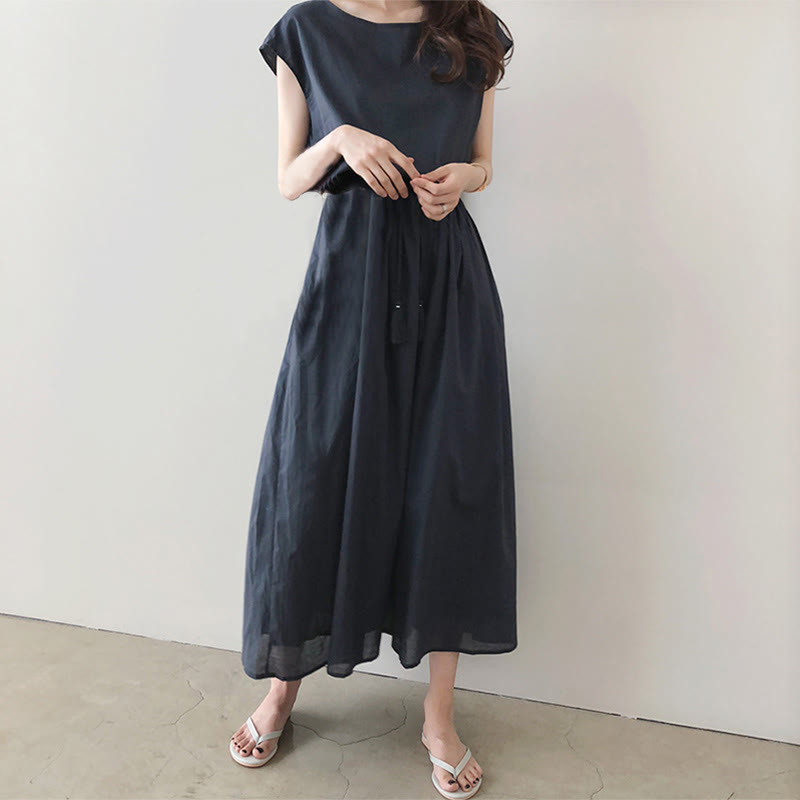 Buddha Stones Casual Eastic Waist Drawstring Design Short Sleeve Cotton Linen Midi Dress - Seldom Seen Styles