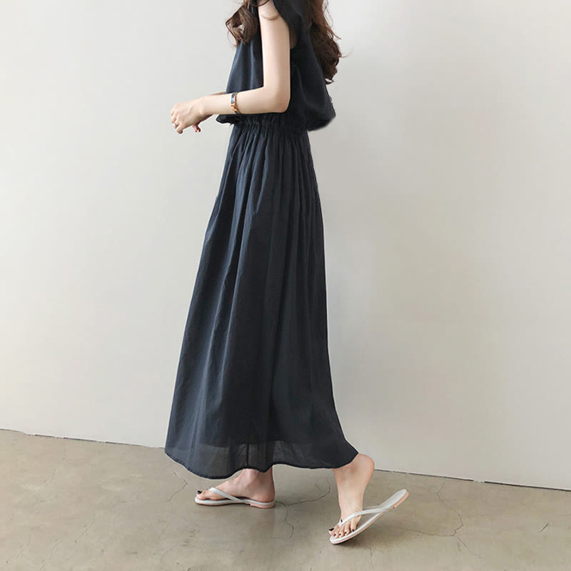 Buddha Stones Casual Eastic Waist Drawstring Design Short Sleeve Cotton Linen Midi Dress - Seldom Seen Styles