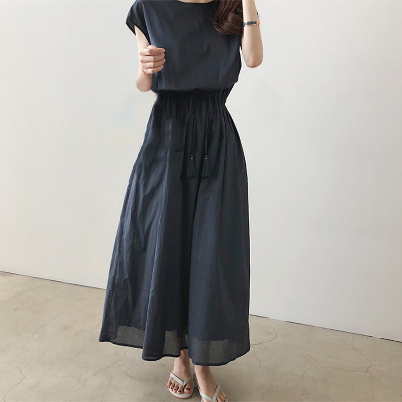 Buddha Stones Casual Eastic Waist Drawstring Design Short Sleeve Cotton Linen Midi Dress - Seldom Seen Styles