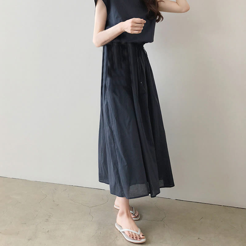 Buddha Stones Casual Eastic Waist Drawstring Design Short Sleeve Cotton Linen Midi Dress - Seldom Seen Styles