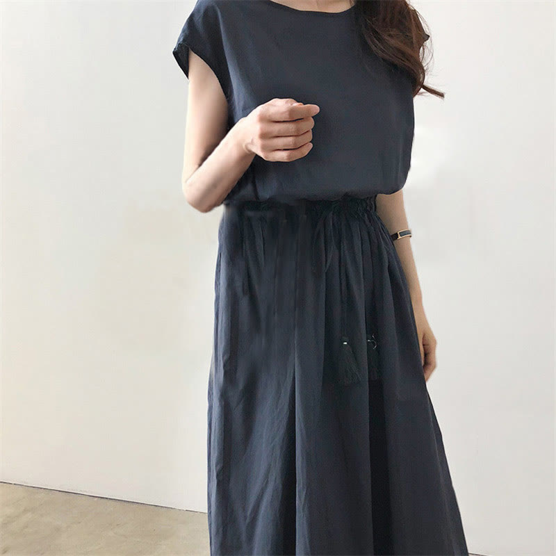 Buddha Stones Casual Eastic Waist Drawstring Design Short Sleeve Cotton Linen Midi Dress - Seldom Seen Styles