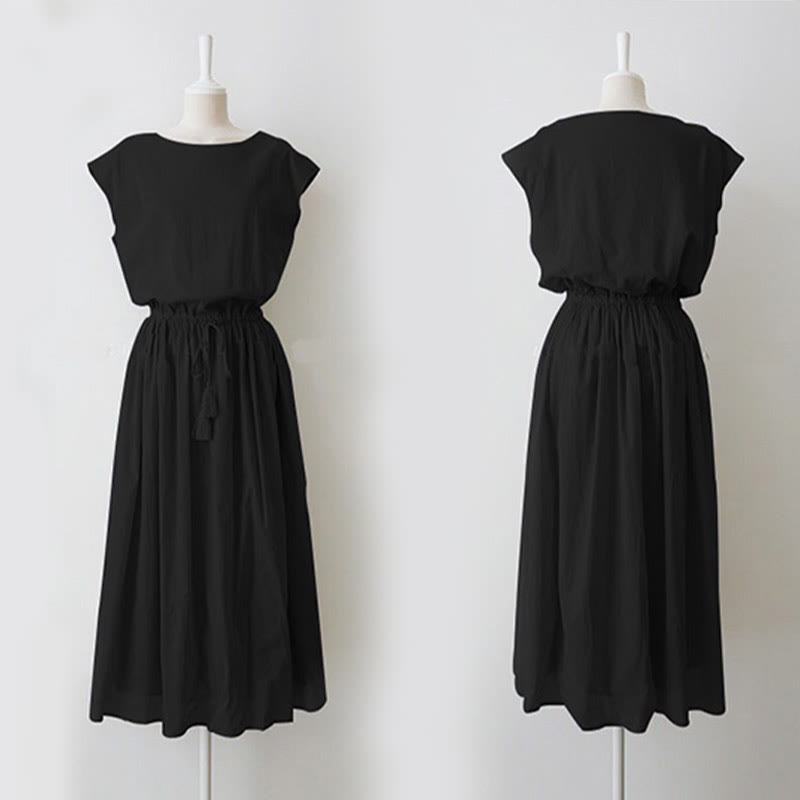 Buddha Stones Casual Eastic Waist Drawstring Design Short Sleeve Cotton Linen Midi Dress - Seldom Seen Styles