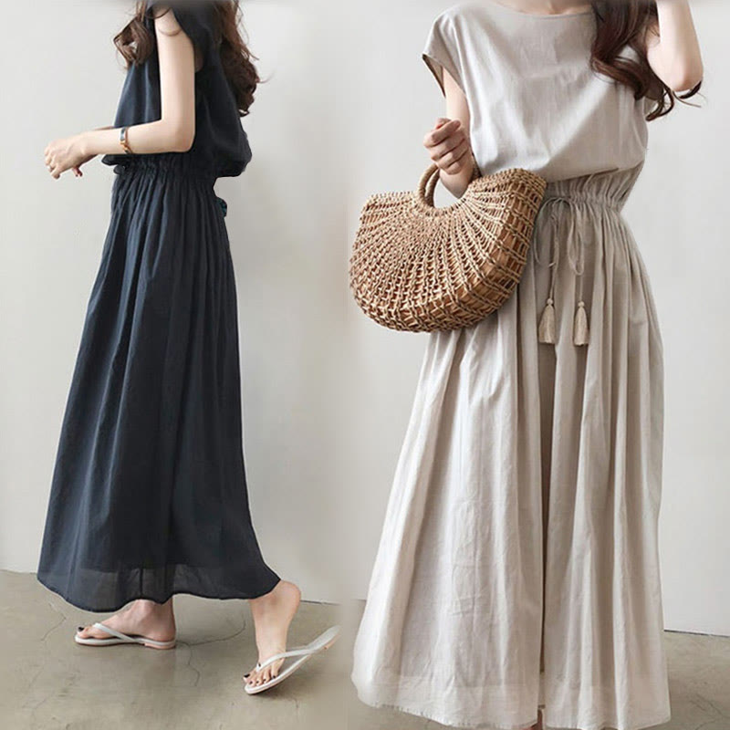 Buddha Stones Casual Eastic Waist Drawstring Design Short Sleeve Cotton Linen Midi Dress - Seldom Seen Styles