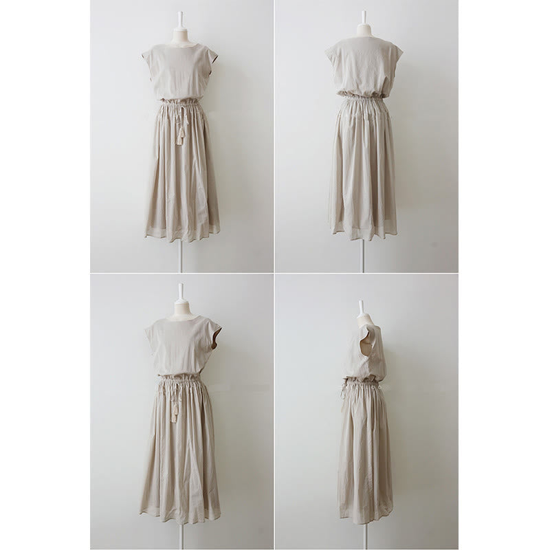 Buddha Stones Casual Eastic Waist Drawstring Design Short Sleeve Cotton Linen Midi Dress - Seldom Seen Styles