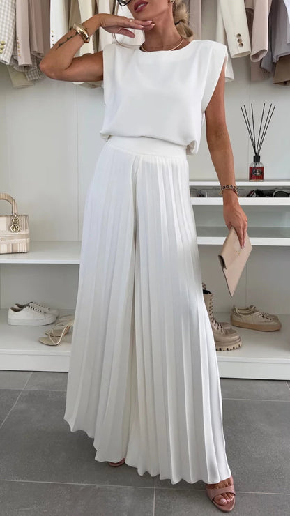 Women's Round Neck Sleeveless Top + Pleated Wide-leg Pants Casual Suit