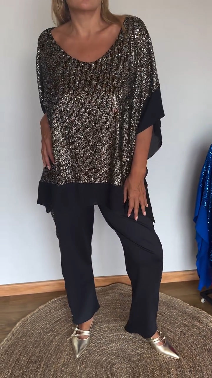 Women's Round Neck Sequined Bat Sleeve Casual Suit - Seldom Seen Styles