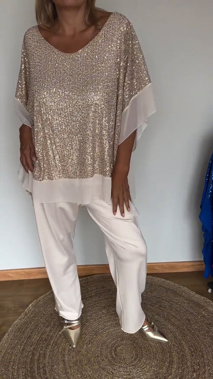Women's Round Neck Sequined Bat Sleeve Casual Suit