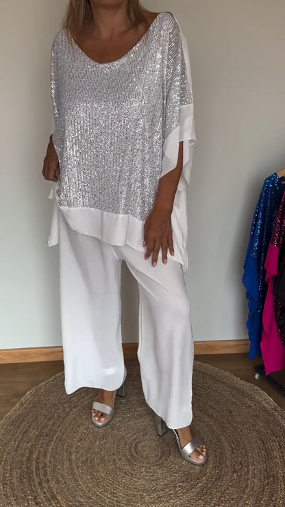 Women's Round Neck Sequined Bat Sleeve Casual Suit