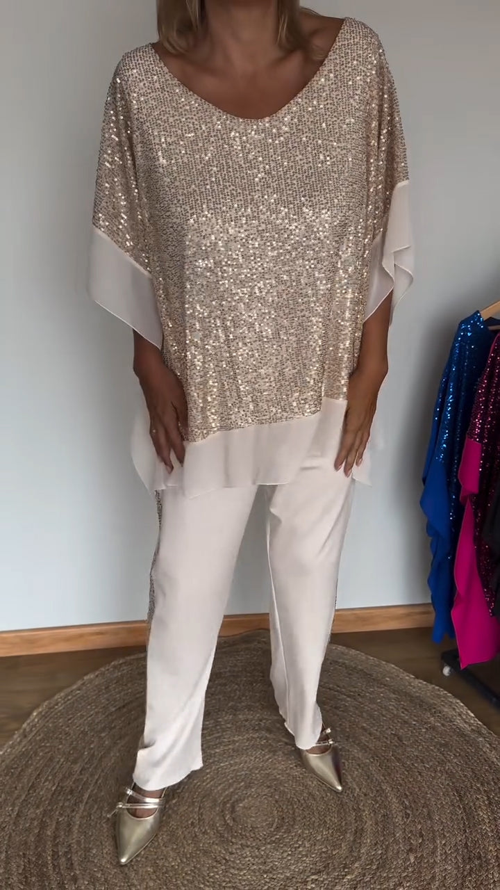 Women's Round Neck Sequined Bat Sleeve Casual Suit - Seldom Seen Styles