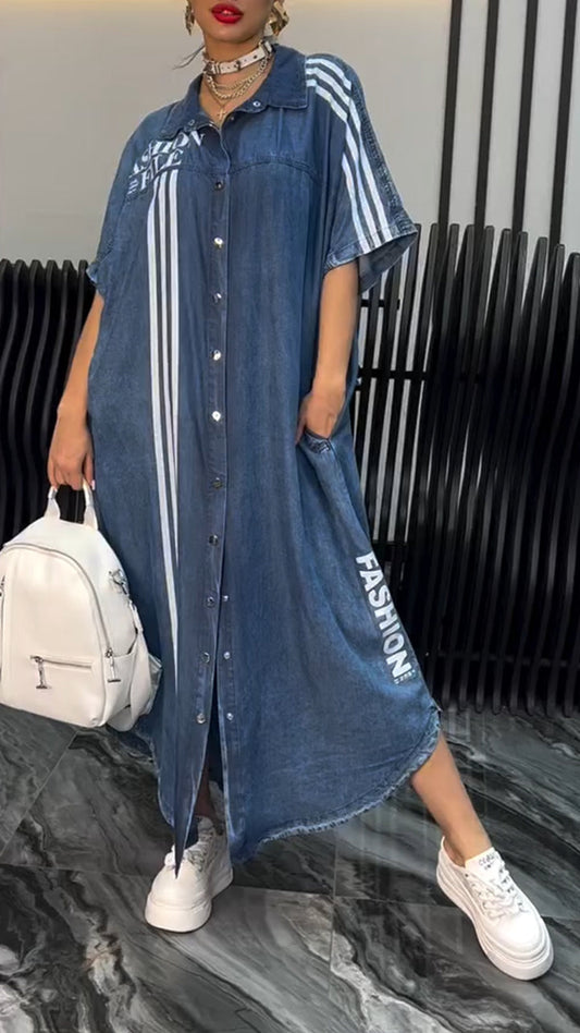 Women's V-neck Denim Letter Print Casual Dress - Seldom Seen Styles