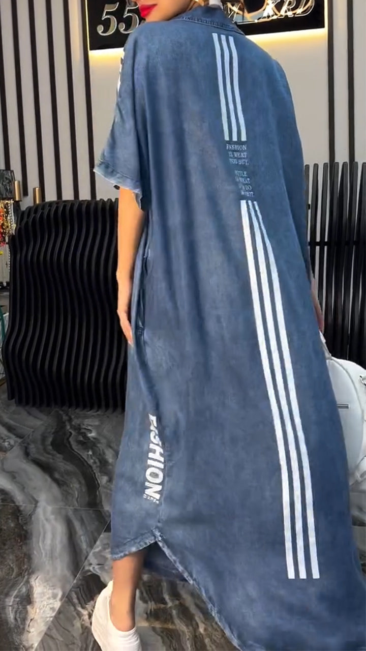 Women's V-neck Denim Letter Print Casual Dress - Seldom Seen Styles