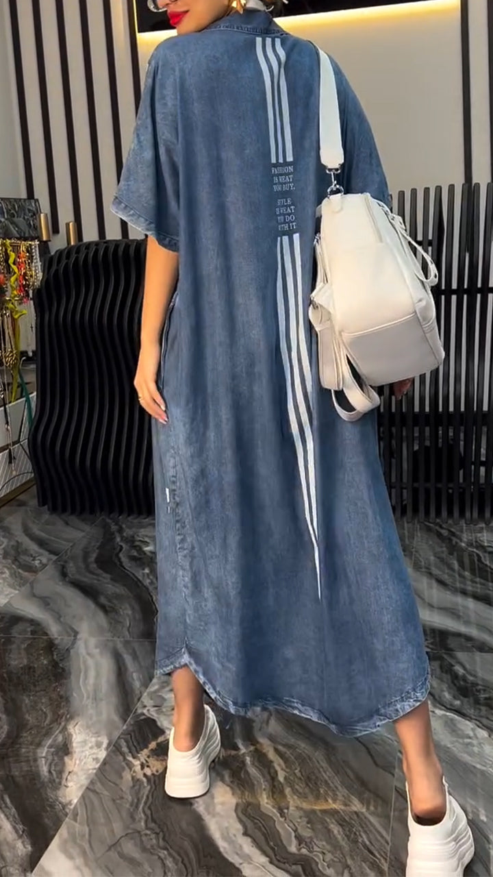 Women's V-neck Denim Letter Print Casual Dress - Seldom Seen Styles