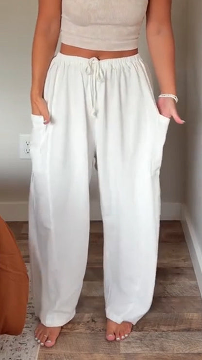 Women's Cotton and Linen Double Pocket Casual Trousers