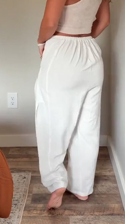 Women's Cotton and Linen Double Pocket Casual Trousers