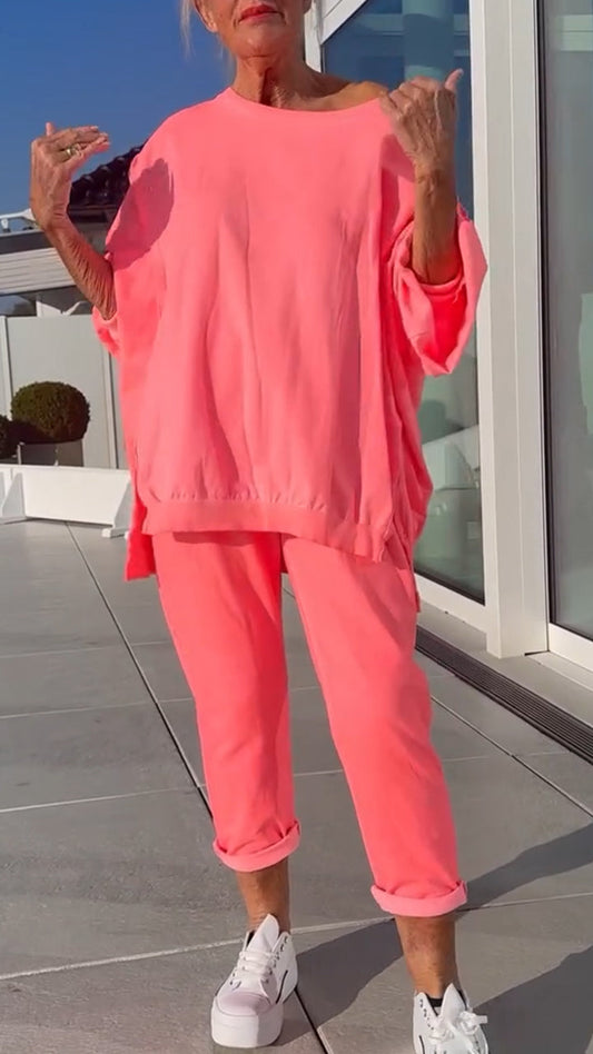 Women's Round Neck Slit Fluorescent Color Casual Suit - Seldom Seen Styles