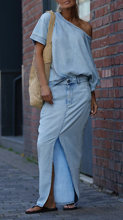 Women's Round Neck Tencel Denim Casual Suit