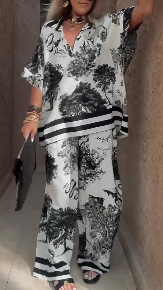 Women's V-neck Top + Printed Trousers Casual Suit - Seldom Seen Styles