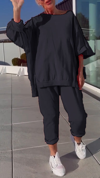 Women's Round Neck Slit Fluorescent Color Casual Suit