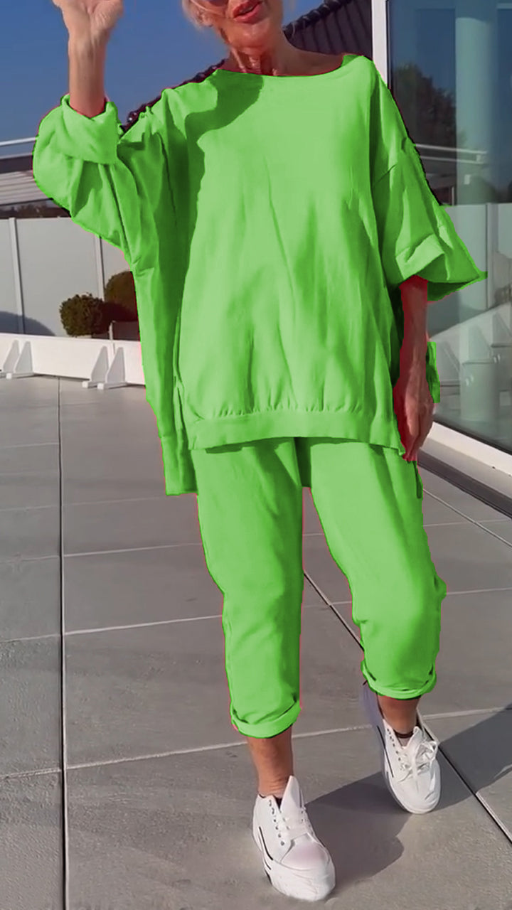 Women's Round Neck Slit Fluorescent Color Casual Suit - Seldom Seen Styles