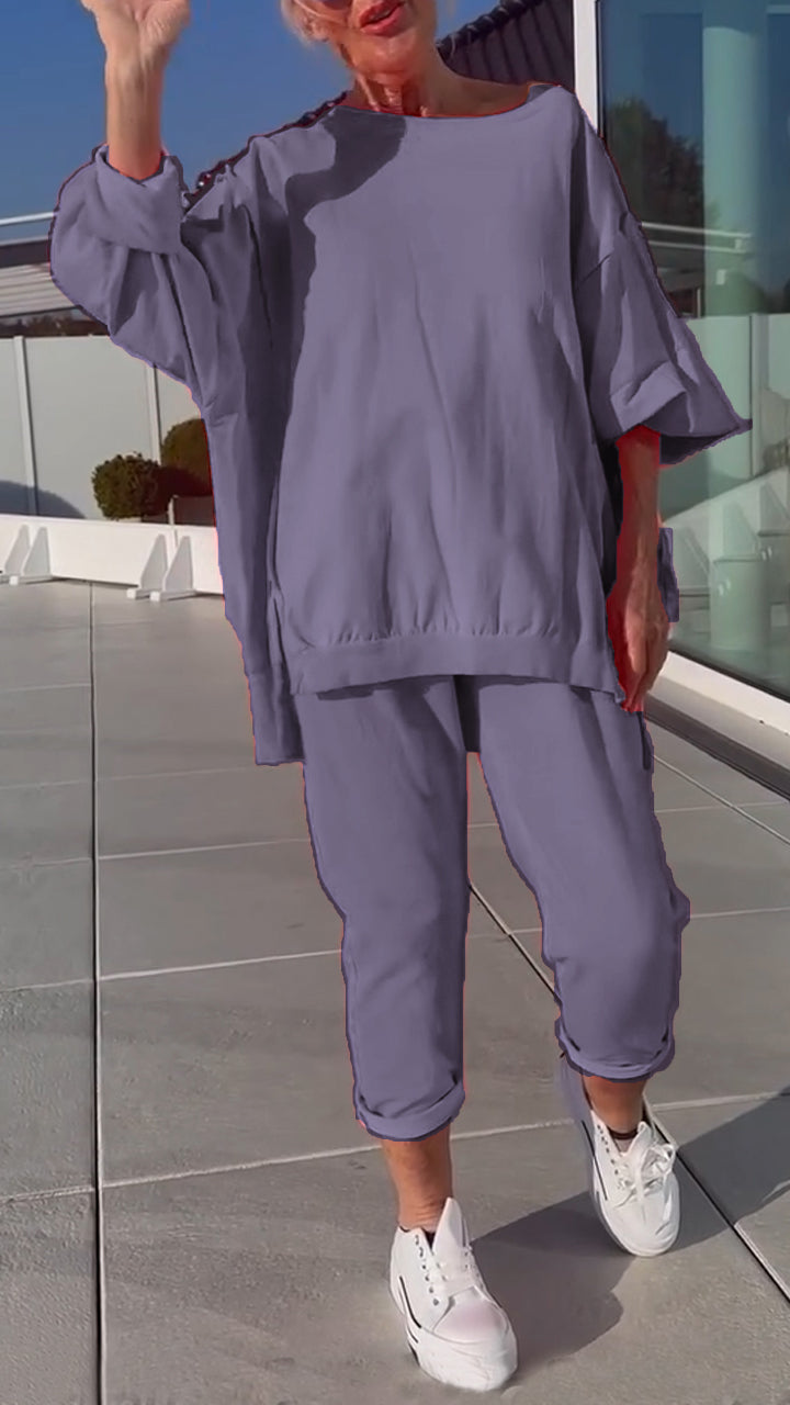 Women's Round Neck Slit Fluorescent Color Casual Suit - Seldom Seen Styles