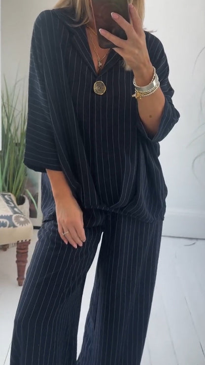 Ladies' Collar Striped Loose Casual Suit