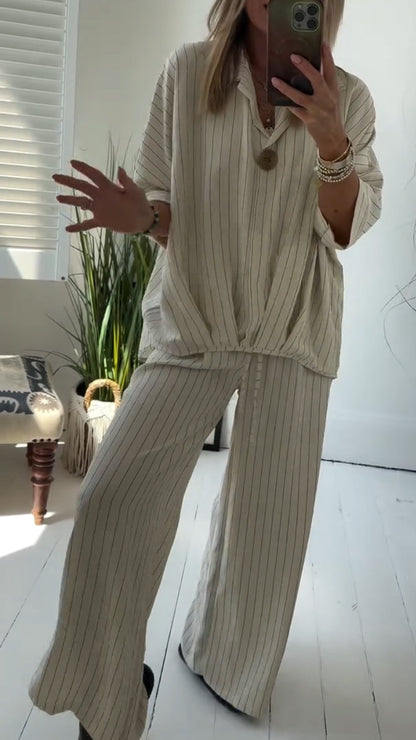 Ladies' Collar Striped Loose Casual Suit