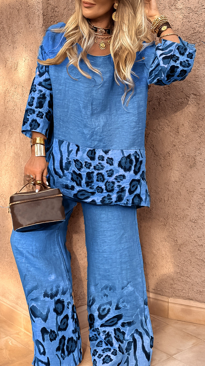 Women's Round Neck Leopard Print Cotton and Linen Casual Suit - Seldom Seen Styles