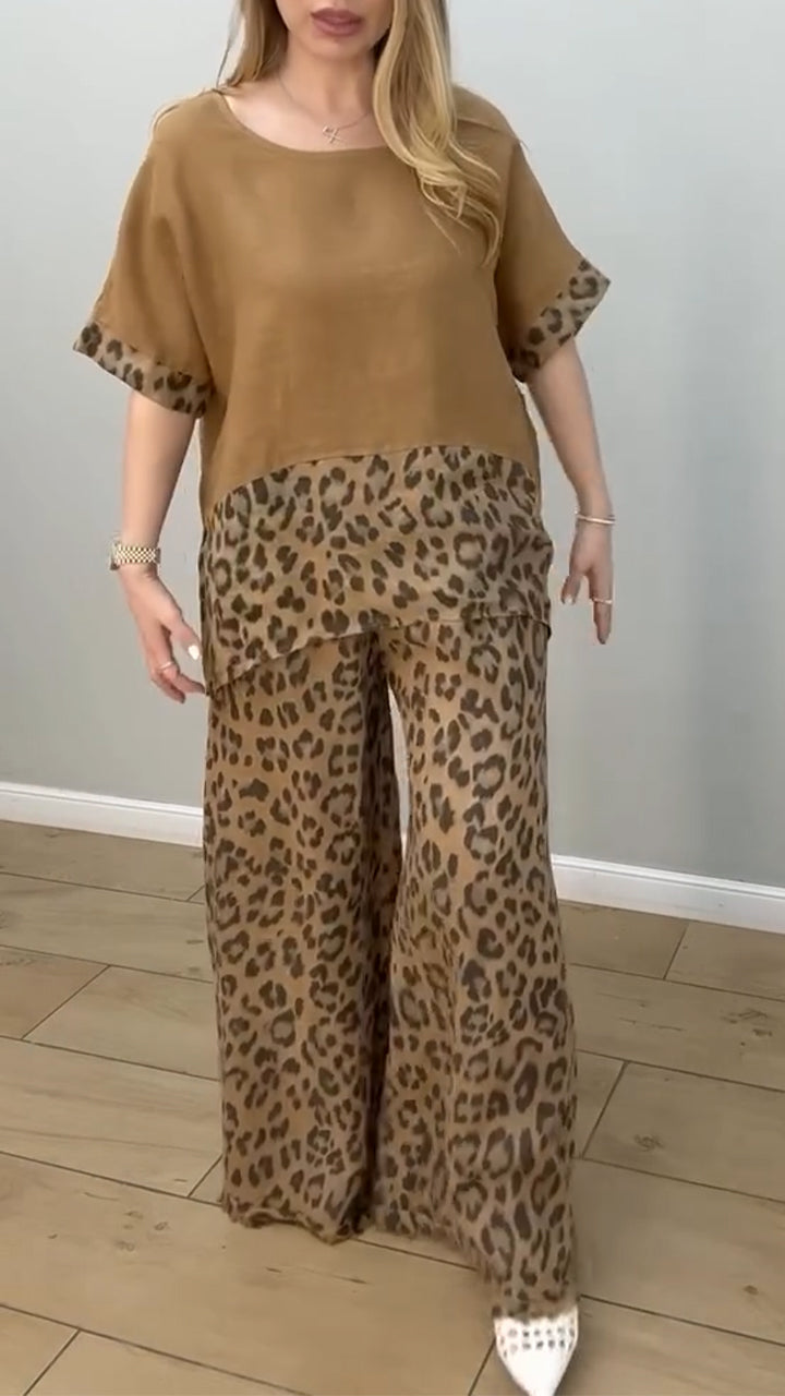 Women's Round Neck Leopard Print Cotton and Linen Casual Suit - Seldom Seen Styles
