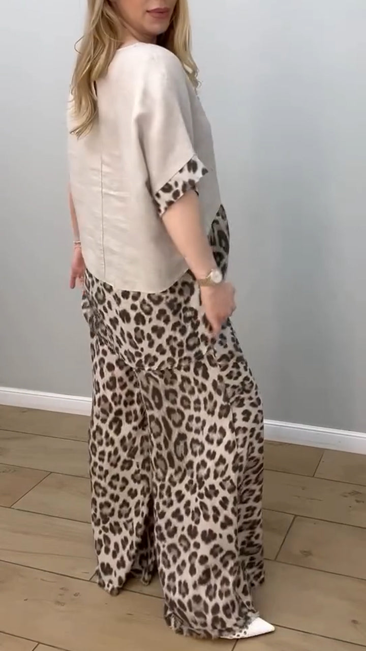 Women's Round Neck Leopard Print Cotton and Linen Casual Suit - Seldom Seen Styles