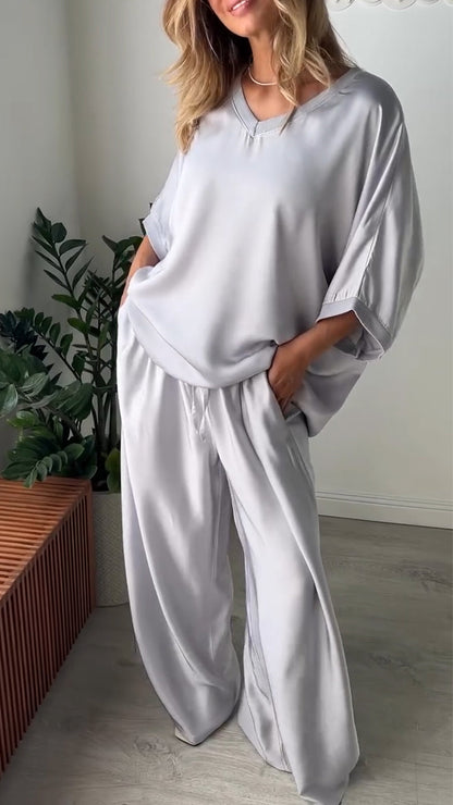 Women's V-neck Satin Loose Casual Suit