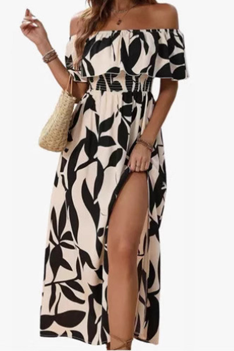 Ladies' One Collar Printed Slit Casual Dress - Seldom Seen Styles
