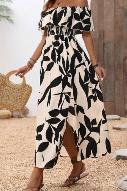Ladies' One Collar Printed Slit Casual Dress