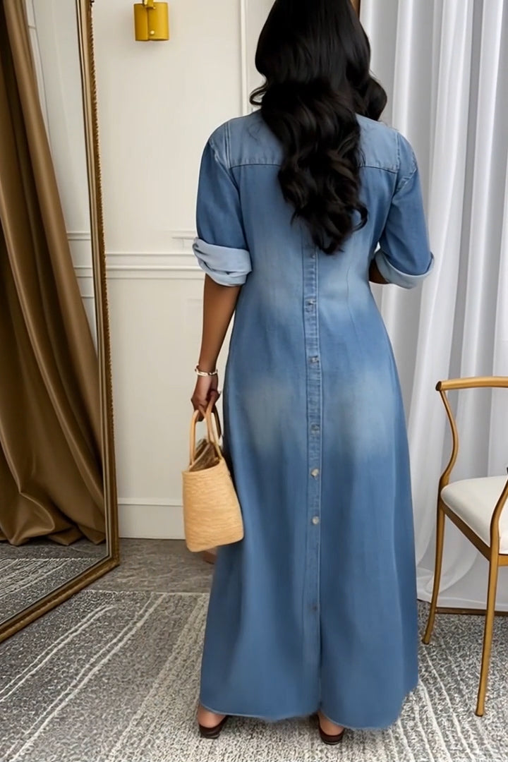 Ladies' Lapel Wash Water Splicing Pocket Casual Dress - Seldom Seen Styles