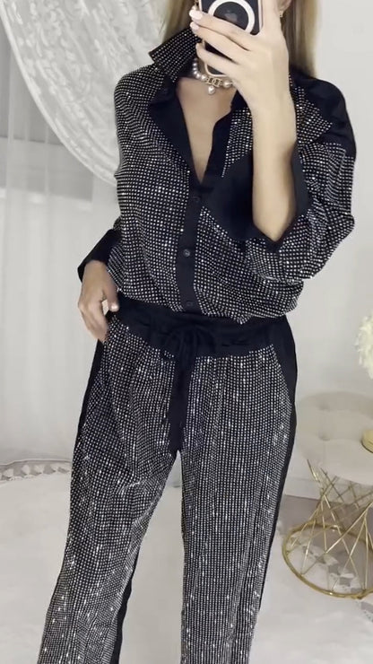 Ladies' Collar Hot Pressed Diamond Splicing Top+ Pants Casual Set