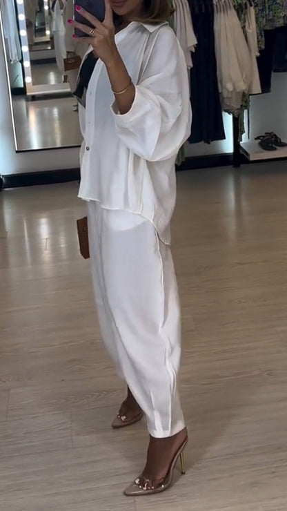 Ladies' Collar Shirt+ Pants Solid Color Casual Suit