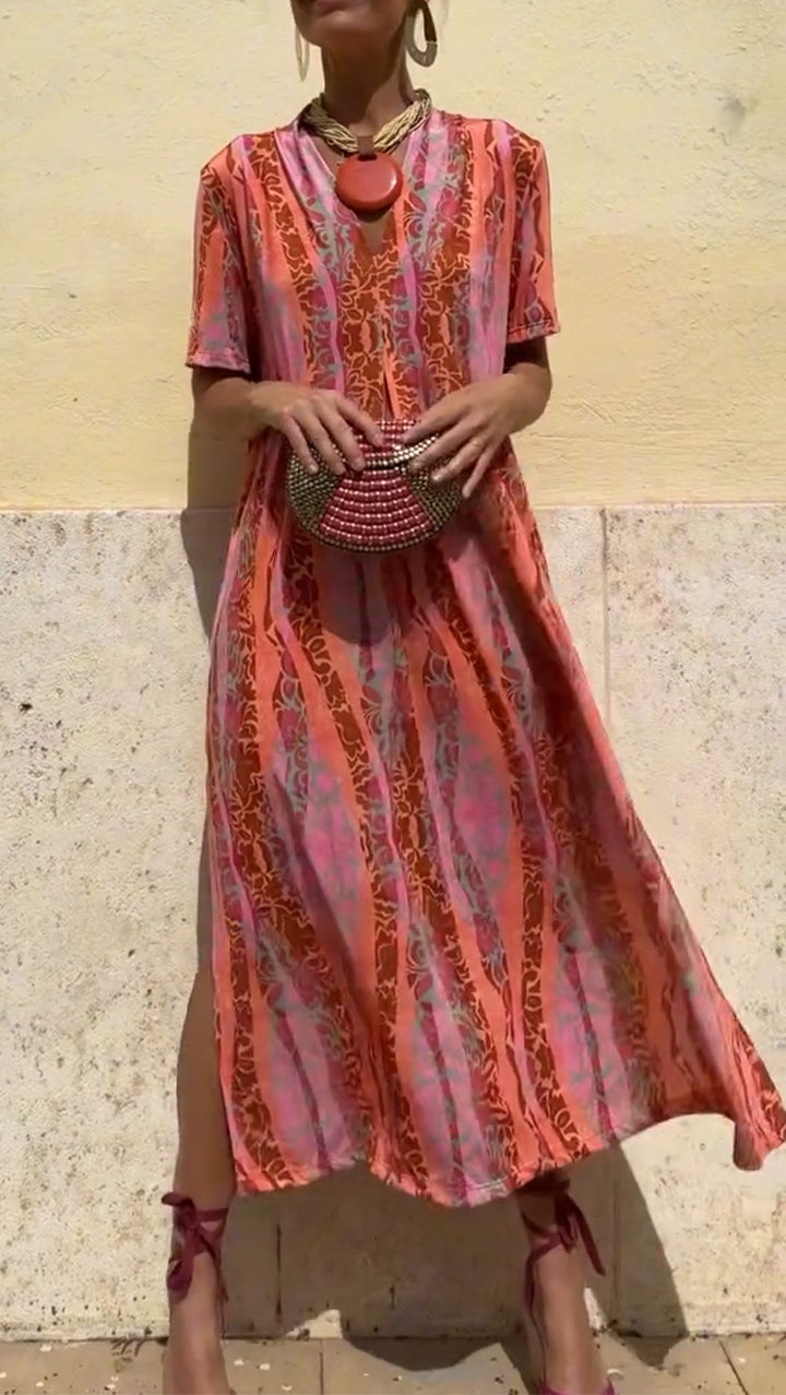 Ladies' V-neck Vertical Print Slit Casual Dress - Seldom Seen Styles