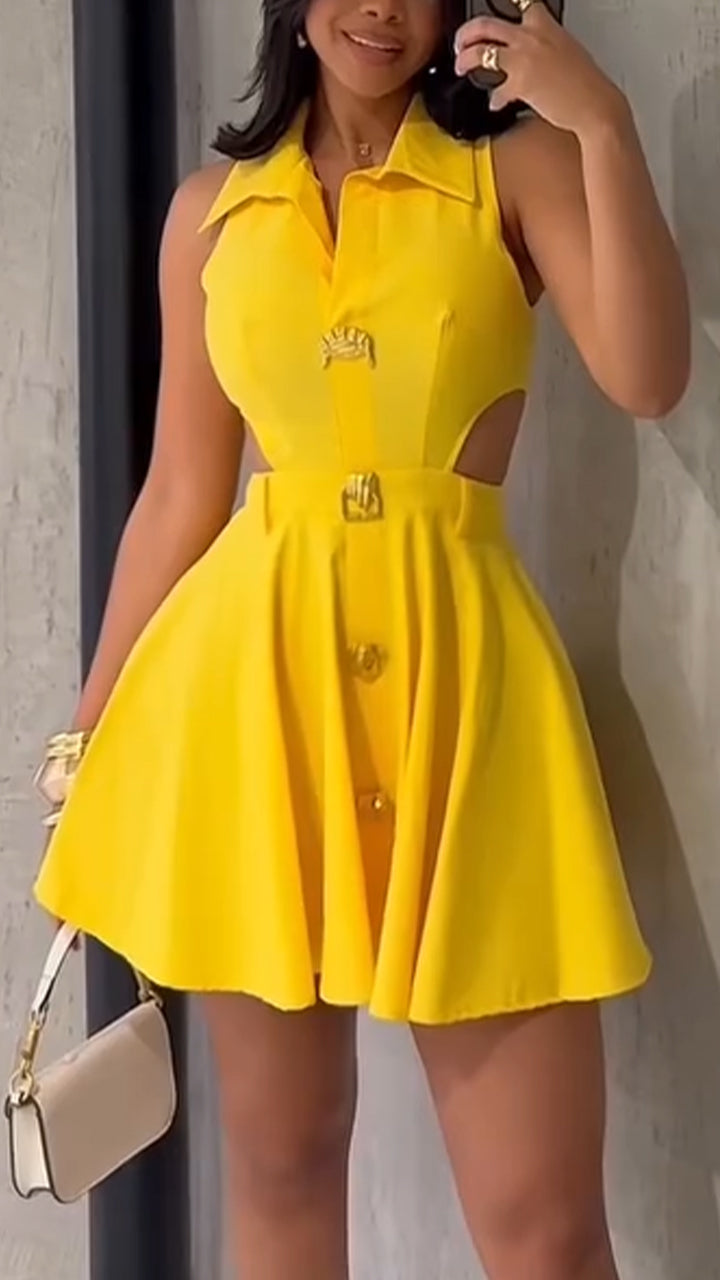 Ladies' Lapel Splicing Hollow Metal Button Temperament and Leisure Dress - Seldom Seen Styles